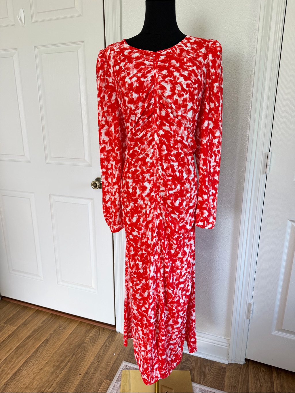 Calvin Klein Poppy Red Ruched Midi Dress 14 Elegant Long Sleeve Wedding Guest
